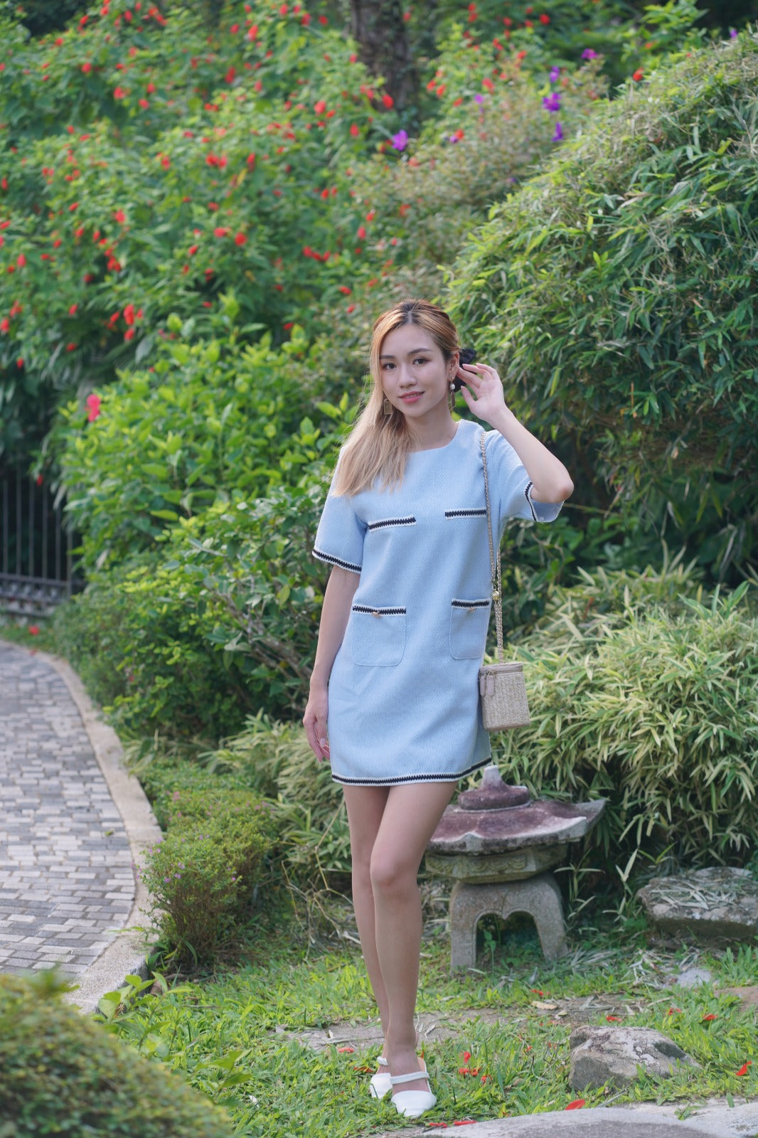 韓系圓領撞色小香風裙