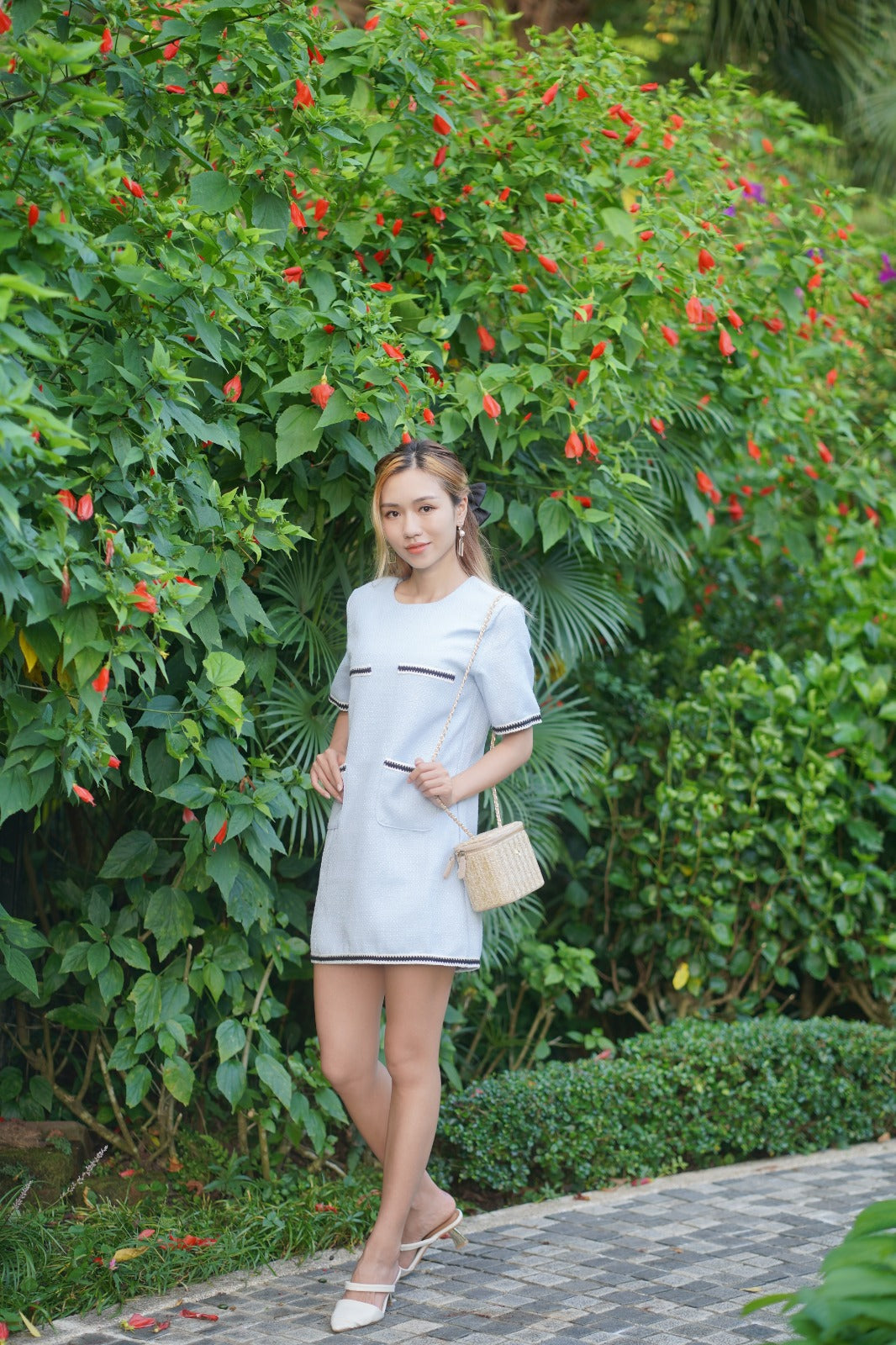 韓系圓領撞色小香風裙