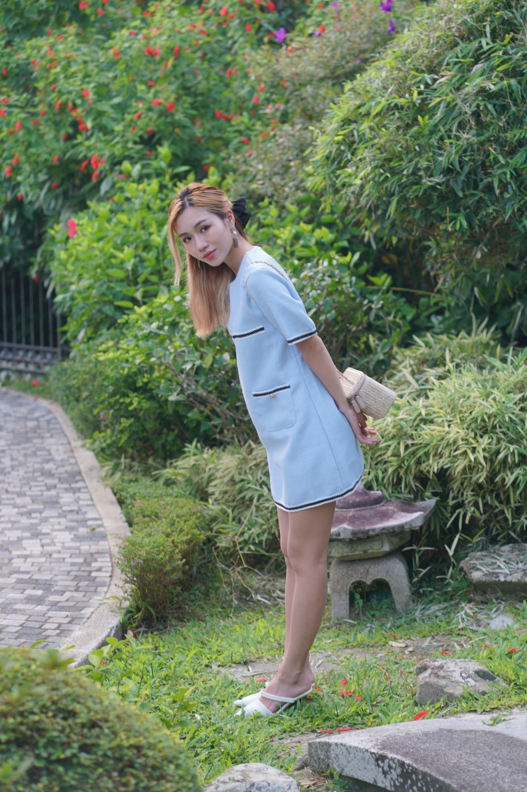 韓系圓領撞色小香風裙