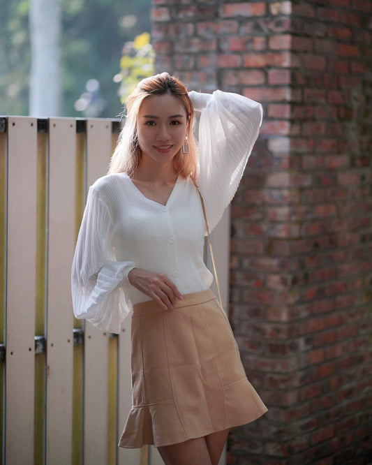 韓系V 領扣子百褶雪紡袖針織上衣 / 荷邊邊短裙
