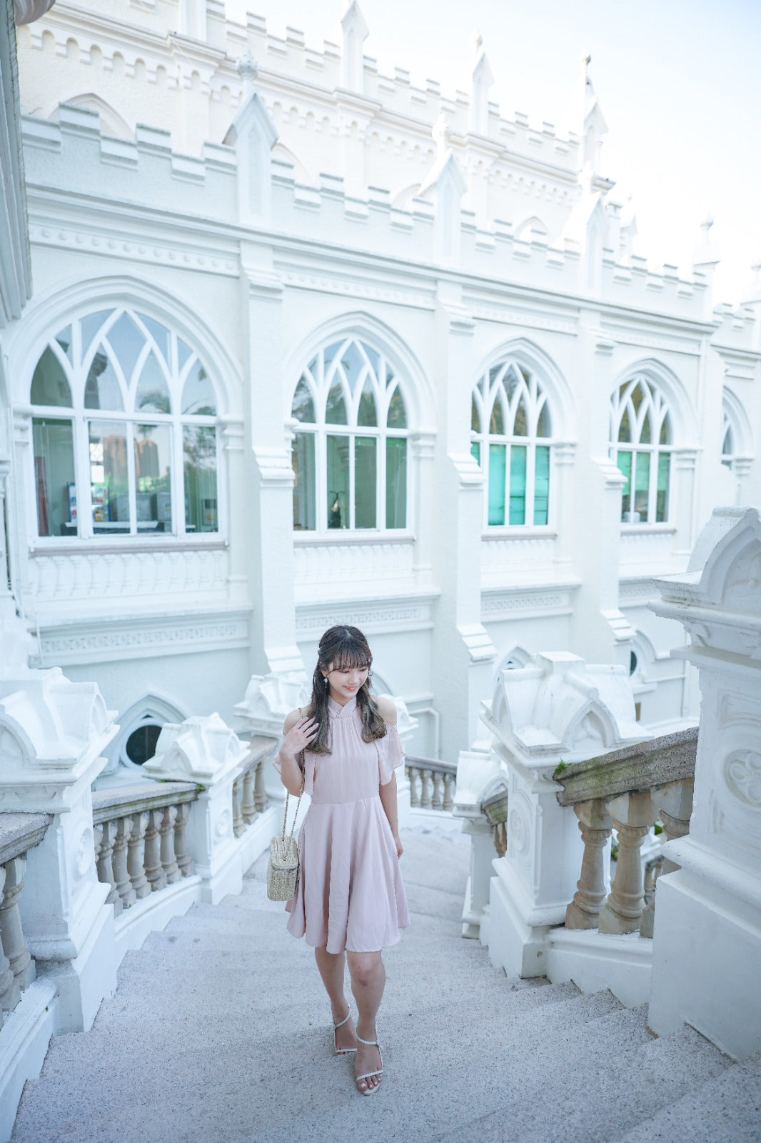 韓系露肩後綁雪紡連身裙