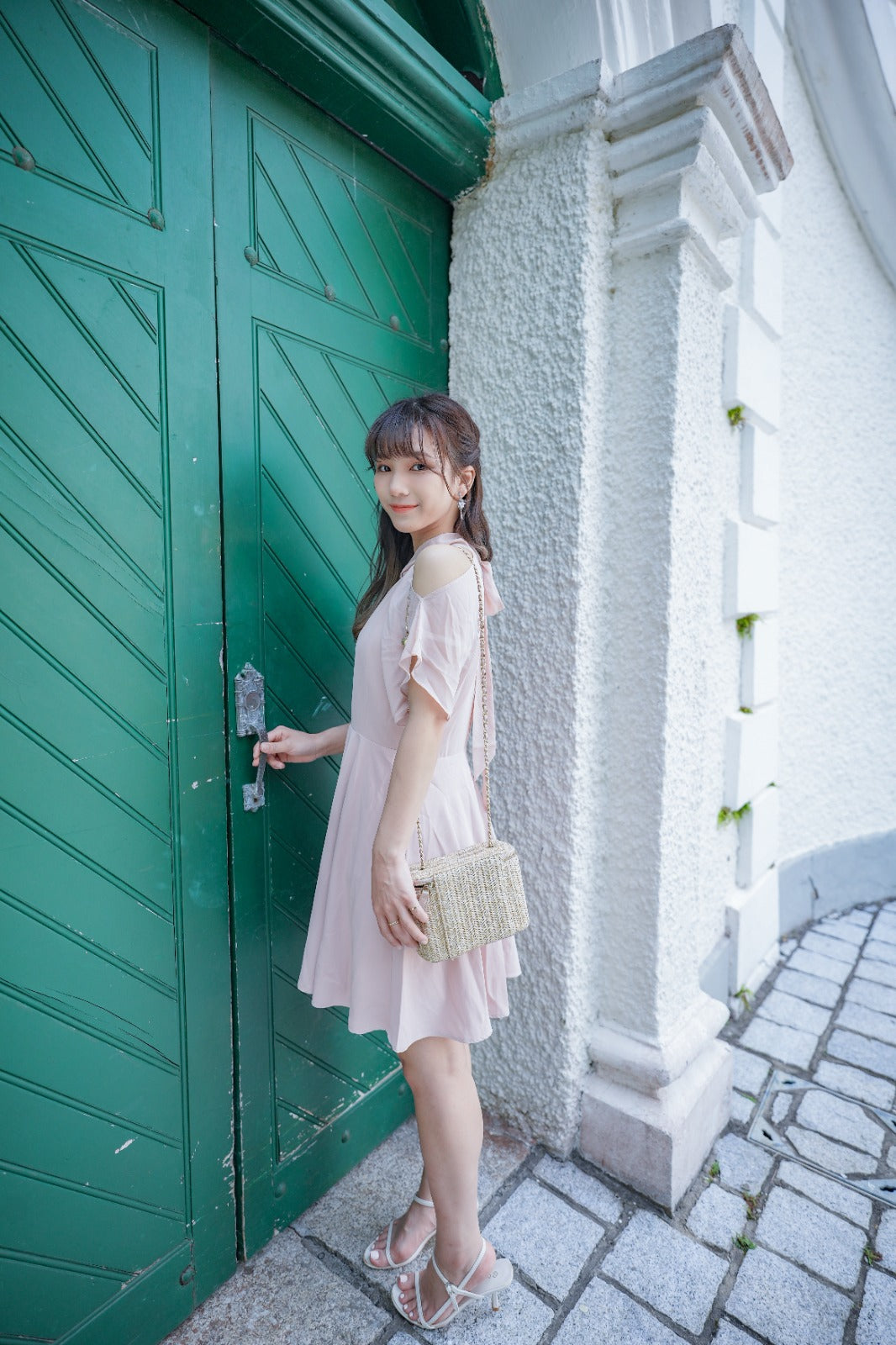 韓系露肩後綁雪紡連身裙