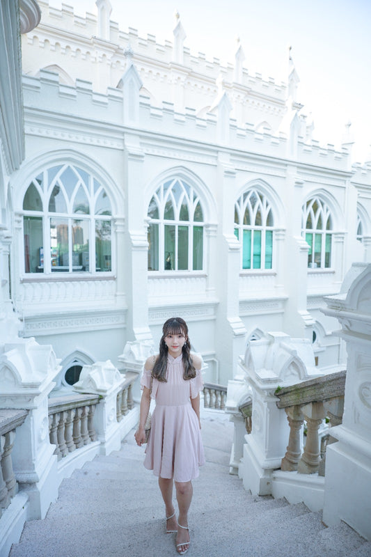 韓系露肩後綁雪紡連身裙