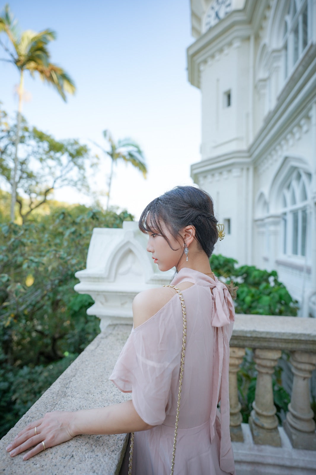 韓系露肩後綁雪紡連身裙