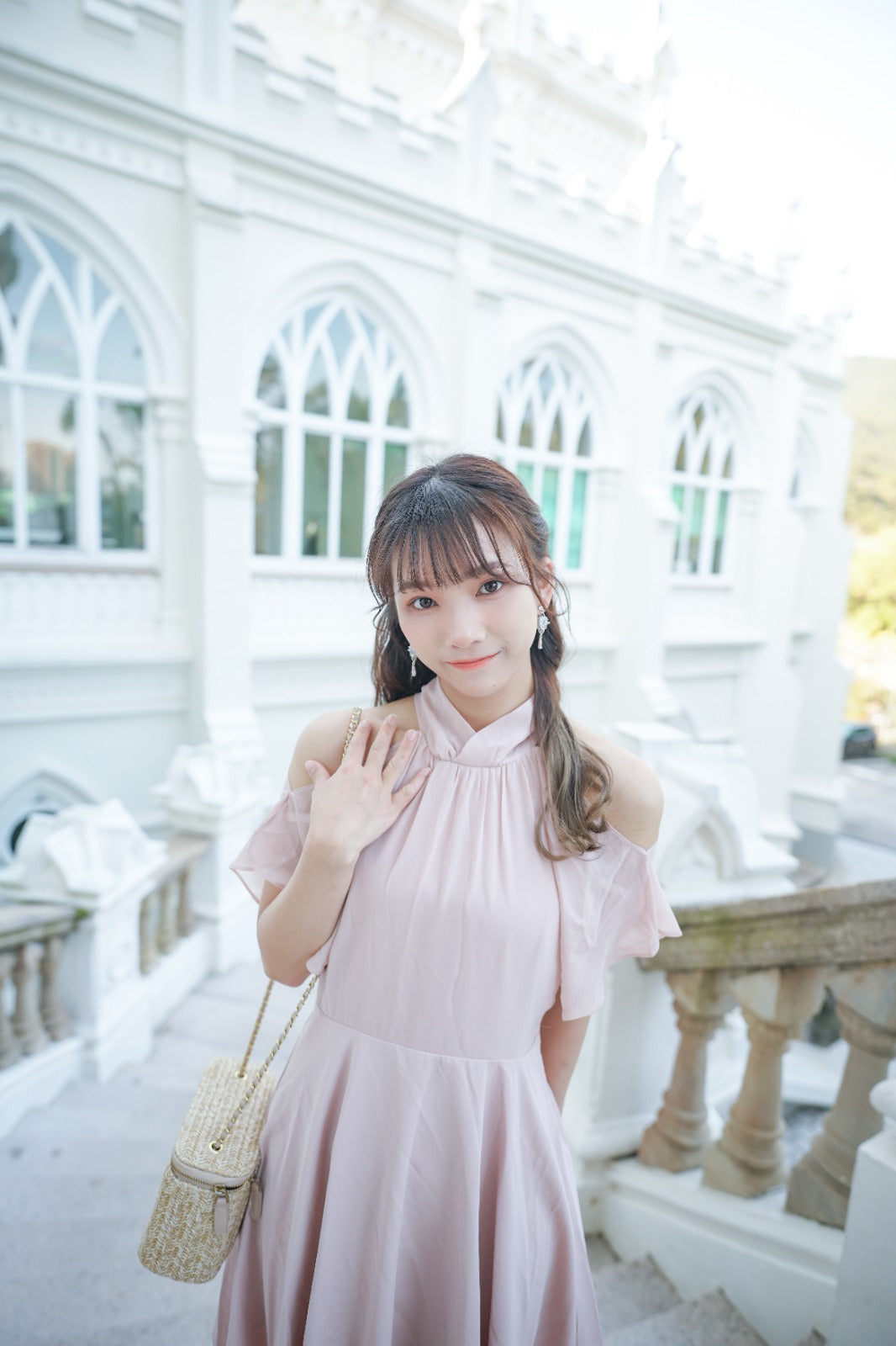 韓系露肩後綁雪紡連身裙