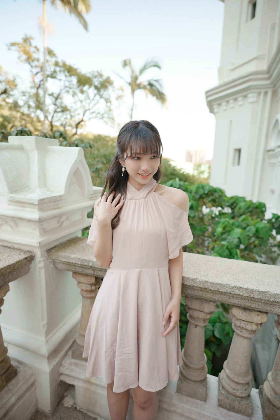 韓系露肩後綁雪紡連身裙