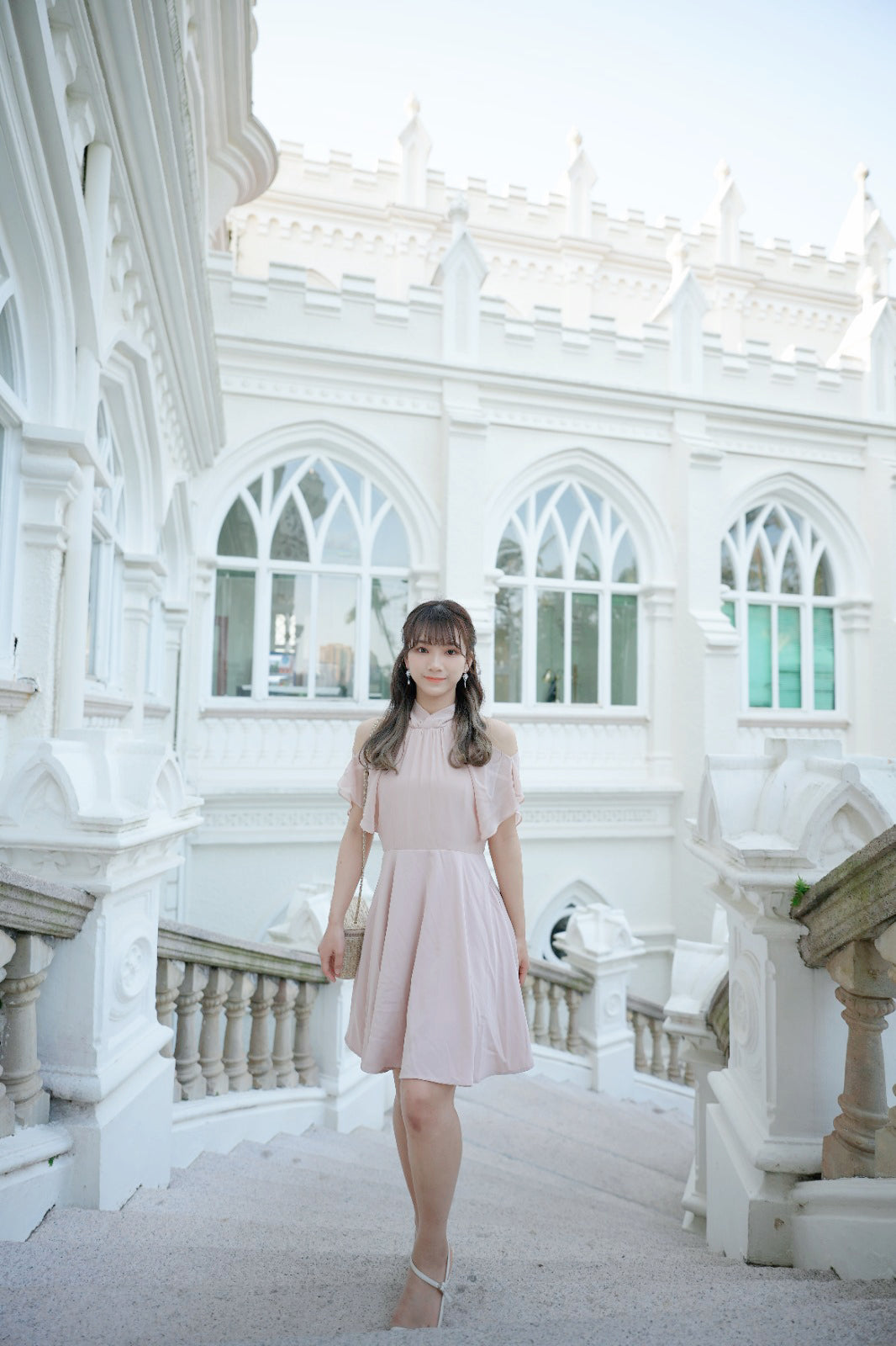 韓系露肩後綁雪紡連身裙