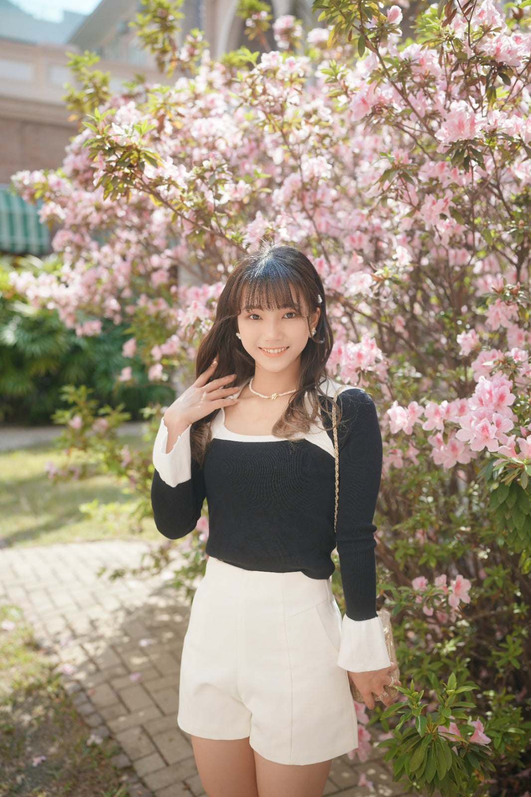 韓系翻領撞色針織上衣