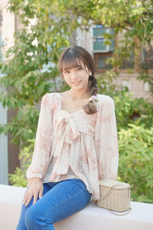 韓系鑽領綁結雪紡娃娃上衣